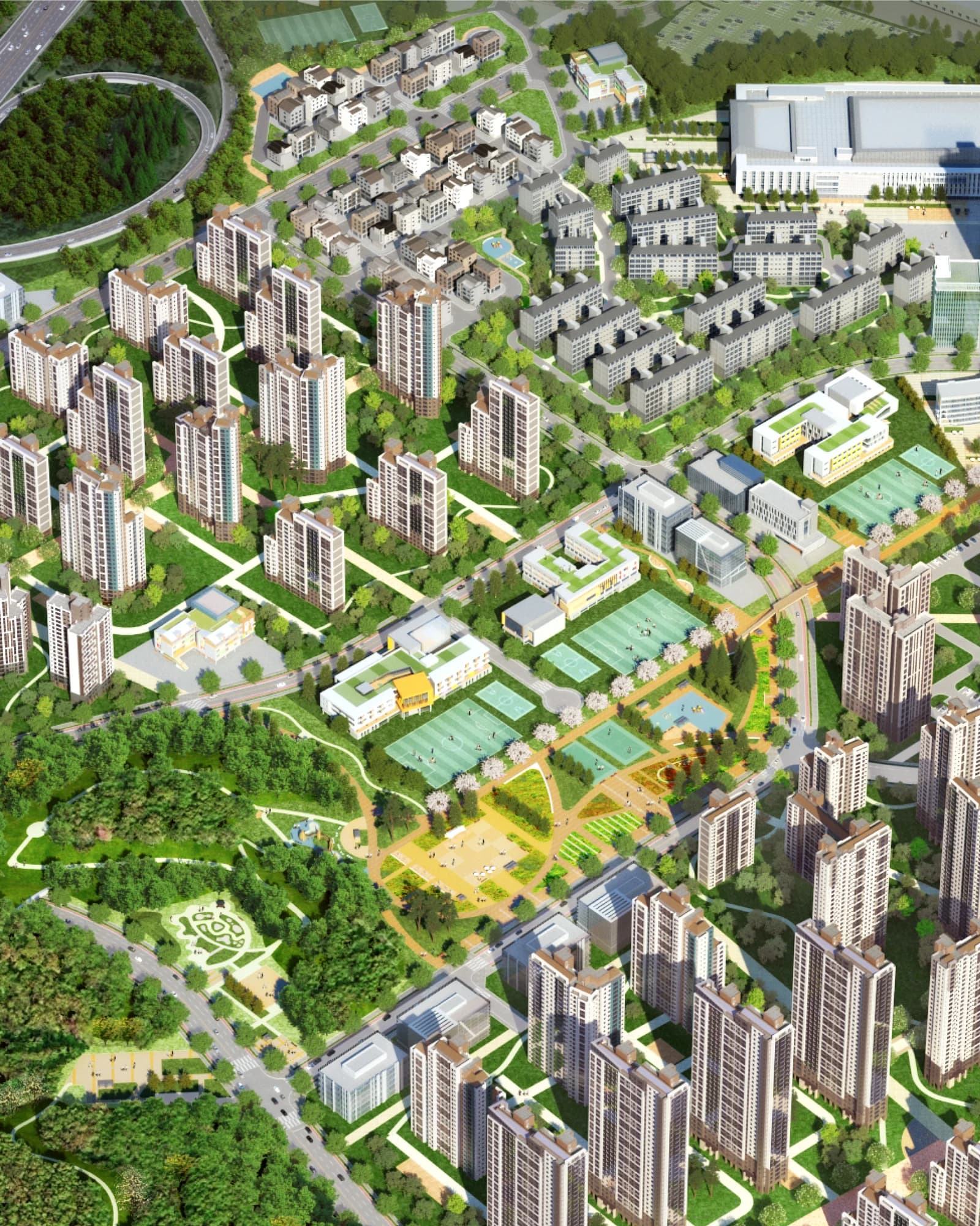 주거존 조감도 — 공동주택·학교·근린공원이 맞닿은 주거생활권