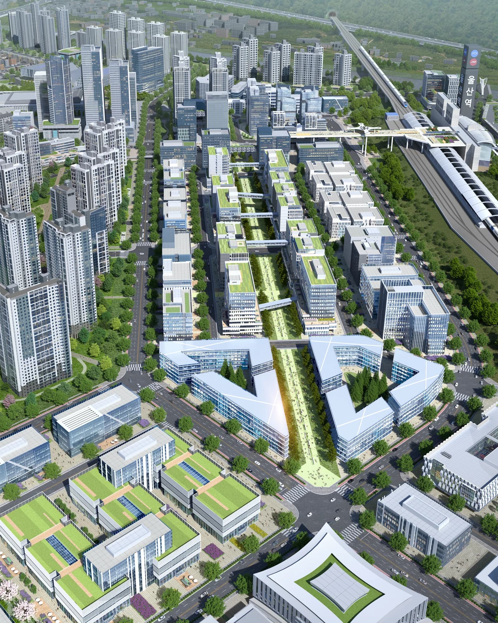 산업존 조감도 — 첨단지식산업센터·R&D 업무·산업지원이 모인 산업존