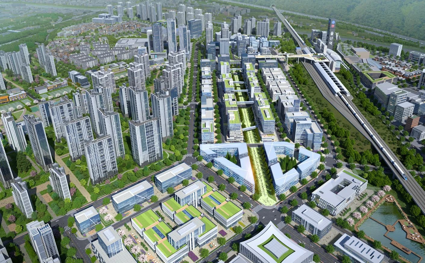 산업존 조감도 — 산업지원·첨단지식산업센터·R&D 업무·첨단제조업과 KTX 울산역